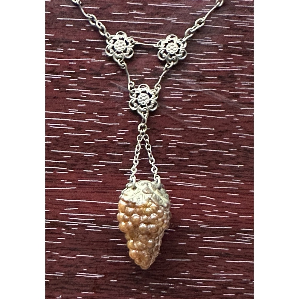Vintage Art Deco Grape Cluster Pendant Necklace, 18" Y-Drop Lavalliere w patina